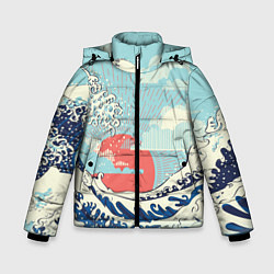 Куртка зимняя для мальчика Морской пейзаж с большими волнами на закате, цвет: 3D-черный