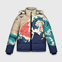 Куртка зимняя для мальчика Большая океанская волна и силуэт пустынного остров, цвет: 3D-черный