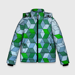 Куртка зимняя для мальчика Зелёные и серые абстрактные кубы с оптической иллю, цвет: 3D-красный