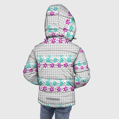 Зимняя куртка для мальчика Цветочный узор бирюзово-розовый на сером клетчатом / 3D-Красный – фото 4