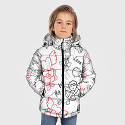 Куртка зимняя для мальчика Летающие сердца купидоны розы на белом фоне, цвет: 3D-черный — фото 2