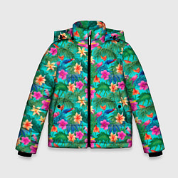 Куртка зимняя для мальчика Разные цветочки на зеленом фоне, цвет: 3D-красный