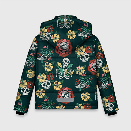 Зимняя куртка для мальчика Скелеты и черепа среди цветов / 3D-Красный – фото 2