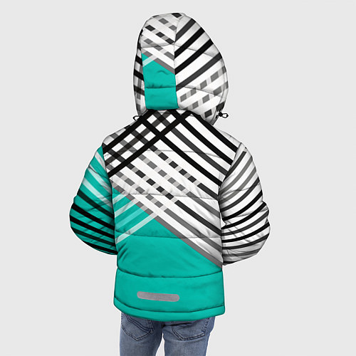 Зимняя куртка для мальчика Черно-белые переплетенные полосы на бирюзовом фоне / 3D-Красный – фото 4