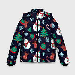 Куртка зимняя для мальчика Снеговички с рождественскими оленями и елками, цвет: 3D-черный