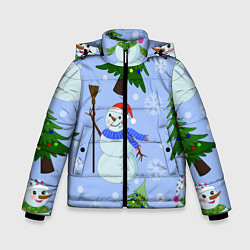 Куртка зимняя для мальчика Снеговики с новогодними елками паттерн, цвет: 3D-черный