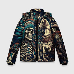Куртка зимняя для мальчика Татуировка скелета индейца и ковбоя в техасе, цвет: 3D-черный