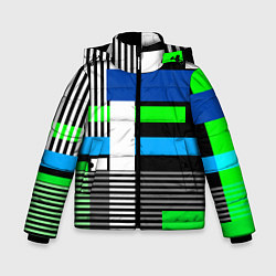 Куртка зимняя для мальчика Геометрический узор сине -зеленый в стиле пэчворк, цвет: 3D-черный