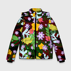 Куртка зимняя для мальчика Гавайская цветочная расцветка, цвет: 3D-светло-серый