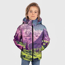 Куртка зимняя для мальчика Геометрический зеленый пейзаж и фиолетовые горы, цвет: 3D-черный — фото 2