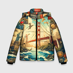 Куртка зимняя для мальчика Мост через реку и пэчворк - нейросеть арт USA brid, цвет: 3D-красный