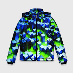 Куртка зимняя для мальчика Синие блоки в зеленом тумане, цвет: 3D-светло-серый