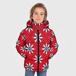 Куртка зимняя для мальчика Белые цветы в ромбах на красном, цвет: 3D-светло-серый — фото 2