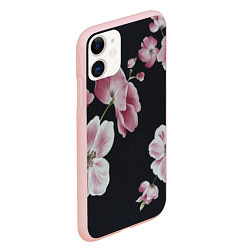 Чехол iPhone 11 матовый Цветы на черном фоне, цвет: 3D-светло-розовый — фото 2