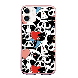 Чехол iPhone 11 матовый Милые панды, цвет: 3D-светло-розовый