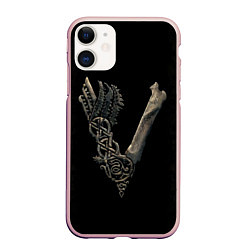 Чехол iPhone 11 матовый Vikings bones logo, цвет: 3D-светло-розовый