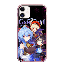 Чехол iPhone 11 матовый Genshin Impact: Гань Юй, Кли, Мона, цвет: 3D-светло-розовый