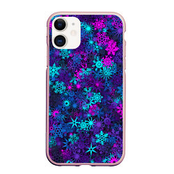 Чехол iPhone 11 матовый Неоновые снежинки, цвет: 3D-светло-розовый