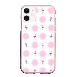 Чехол iPhone 11 матовый Фламинго и круги на белом фоне, цвет: 3D-светло-розовый