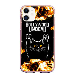 Чехол iPhone 11 матовый Hollywood Undead рок кот и огонь, цвет: 3D-светло-розовый