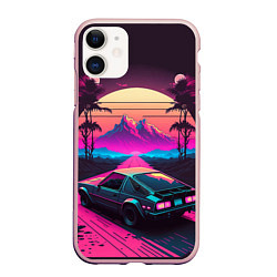 Чехол iPhone 11 матовый Synthwave car and mountains, цвет: 3D-светло-розовый