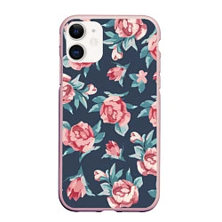 Чехол iPhone 11 матовый Розы: паттерн, цвет: 3D-светло-розовый