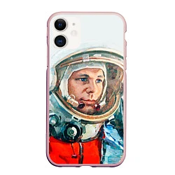 Чехол iPhone 11 матовый Гагарин в полете, цвет: 3D-светло-розовый