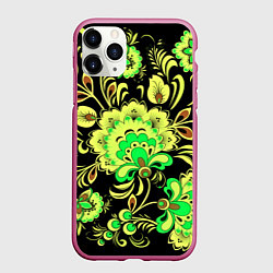 Чехол iPhone 11 Pro матовый Хохлома: черный и салатовый, цвет: 3D-малиновый