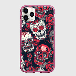 Чехол iPhone 11 Pro матовый Мексиканские черепа, цвет: 3D-малиновый