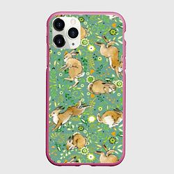 Чехол iPhone 11 Pro матовый Милые зайчата на полянке, цвет: 3D-малиновый