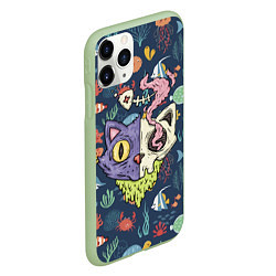 Чехол iPhone 11 Pro матовый Cat skull - art, цвет: 3D-салатовый — фото 2