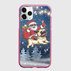 Чехол iPhone 11 Pro матовый Санта едет на мопсе, цвет: 3D-малиновый