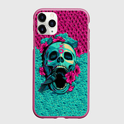 Чехол iPhone 11 Pro матовый Неоновый череп, цвет: 3D-малиновый