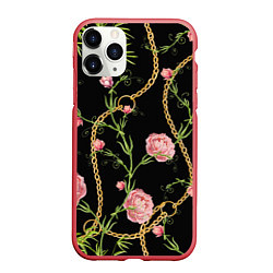 Чехол iPhone 11 Pro матовый Versace Золотая цепь и розы, цвет: 3D-красный