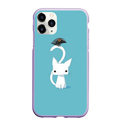 Чехол iPhone 11 Pro матовый Белый котик и воробушек, цвет: 3D-светло-сиреневый