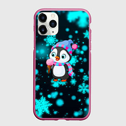 Чехол iPhone 11 Pro матовый Новогодний пингвин, цвет: 3D-малиновый
