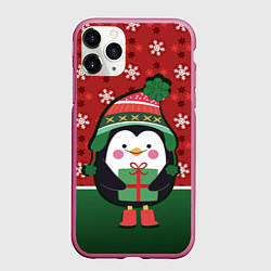 Чехол iPhone 11 Pro матовый Пингвин Новый год, цвет: 3D-малиновый