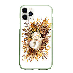 Чехол iPhone 11 Pro матовый Лисичка спит в листьях, цвет: 3D-салатовый