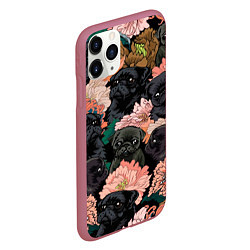 Чехол iPhone 11 Pro матовый Мопсы и Цветы, цвет: 3D-малиновый — фото 2