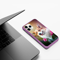 Чехол iPhone 11 Pro матовый Корги в розовом кусте, цвет: 3D-фиолетовый — фото 2