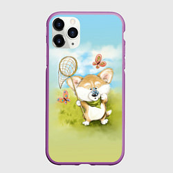 Чехол iPhone 11 Pro матовый Корги и бабочка, цвет: 3D-фиолетовый
