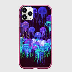 Чехол iPhone 11 Pro матовый Неоновые медузы, цвет: 3D-малиновый