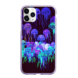 Чехол iPhone 11 Pro матовый Неоновые медузы, цвет: 3D-светло-сиреневый