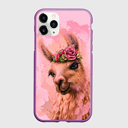 Чехол iPhone 11 Pro матовый Лама с цветами, цвет: 3D-фиолетовый