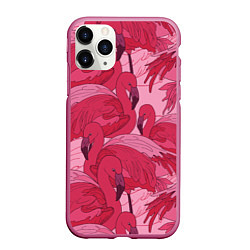 Чехол iPhone 11 Pro матовый Розовые фламинго, цвет: 3D-малиновый