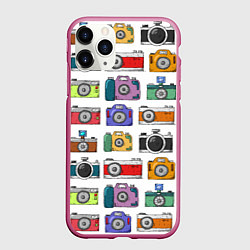 Чехол iPhone 11 Pro матовый Фотоаппараты, цвет: 3D-малиновый