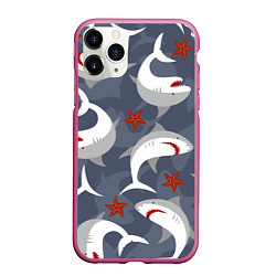 Чехол iPhone 11 Pro матовый Акулы, цвет: 3D-малиновый