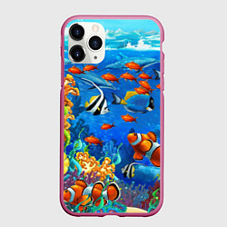 Чехол iPhone 11 Pro матовый Коралловые рыбки, цвет: 3D-малиновый