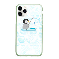 Чехол iPhone 11 Pro матовый Пингвин рыбачит, цвет: 3D-салатовый