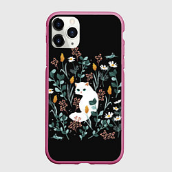 Чехол iPhone 11 Pro матовый Кошечка среди цветов, цвет: 3D-малиновый
